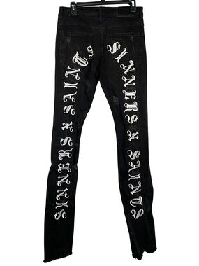 AHP Distressed Jeans Size 34 Black Skinny Jeans with White Gothic Script